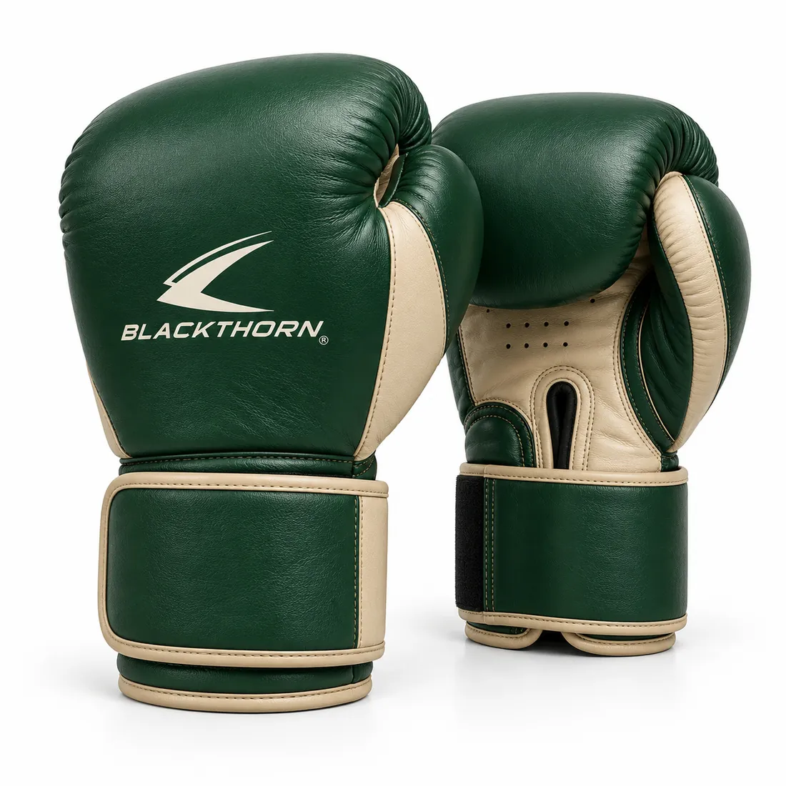 Pair of forest green sparring gloves with sand khaki palm and sand trim on the wide strap
