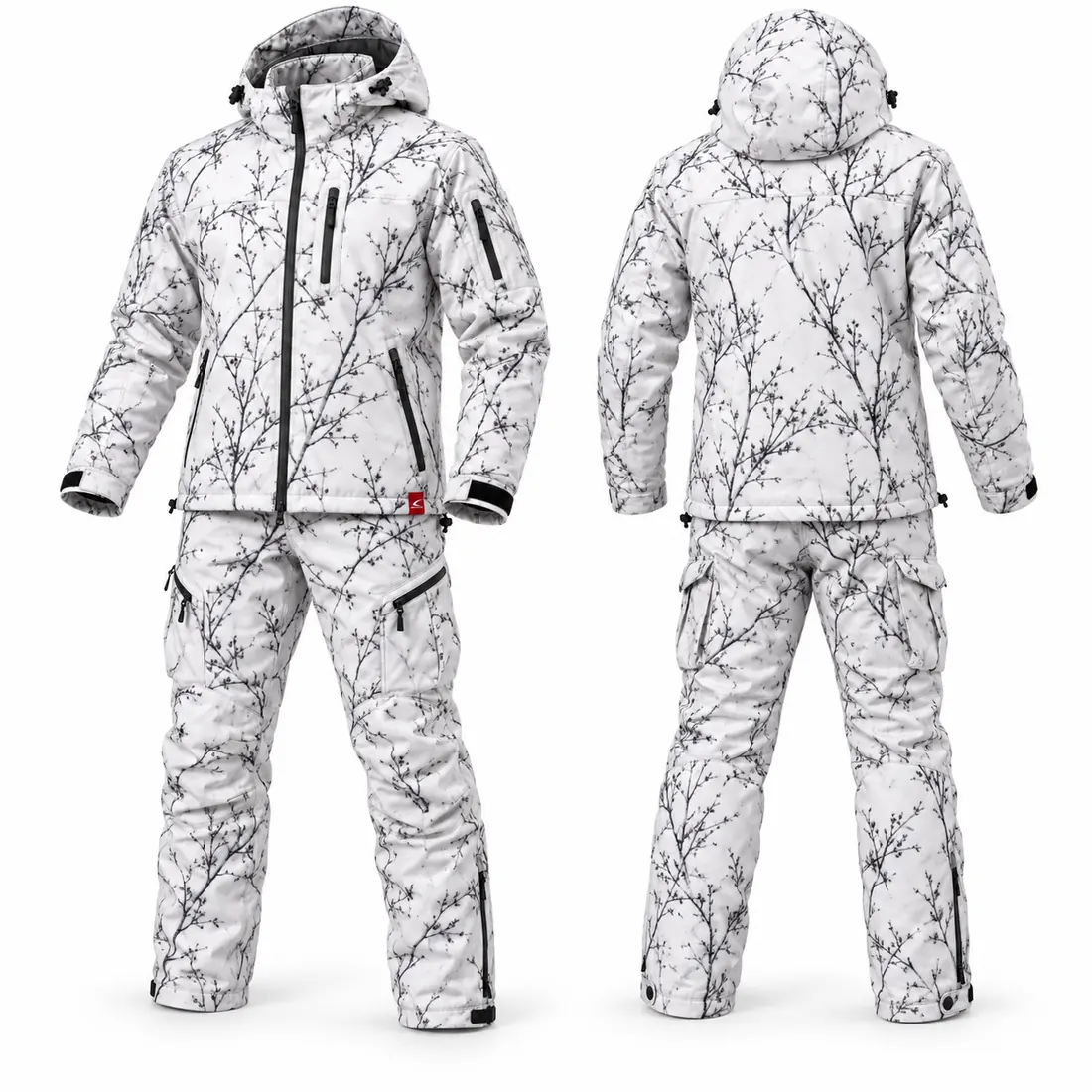 White snow camo parka and pants with dark willow branch print and reinforced knees