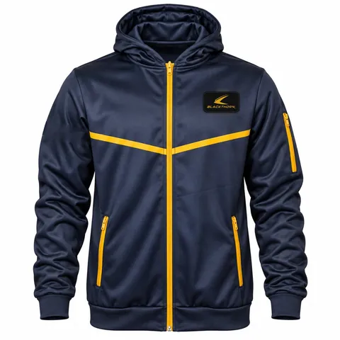 Custom navy full-zip hooded team track jacket with gold zip and chevron piping — front