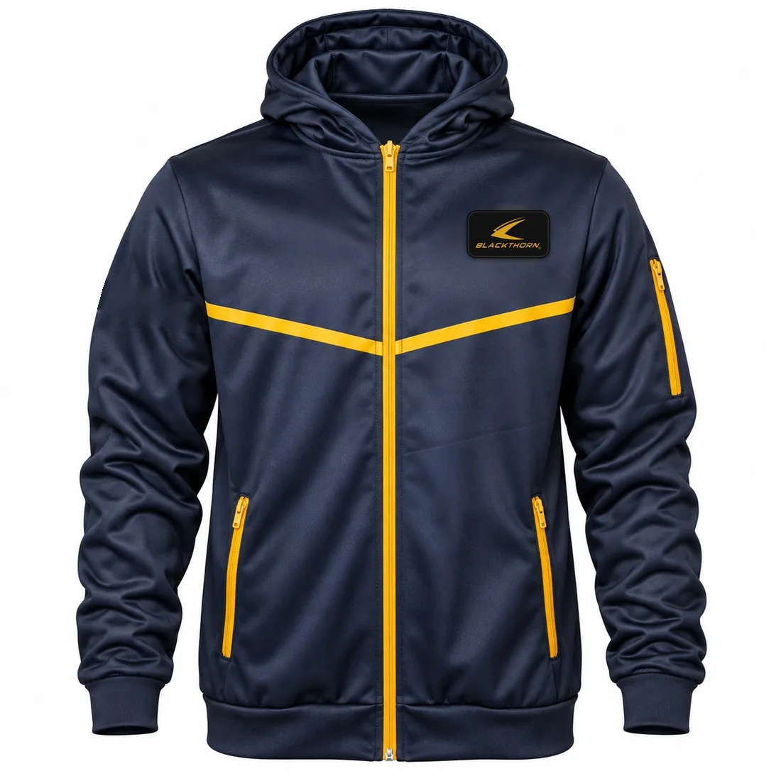 Custom navy full-zip hooded team track jacket with gold zip and chevron piping — front