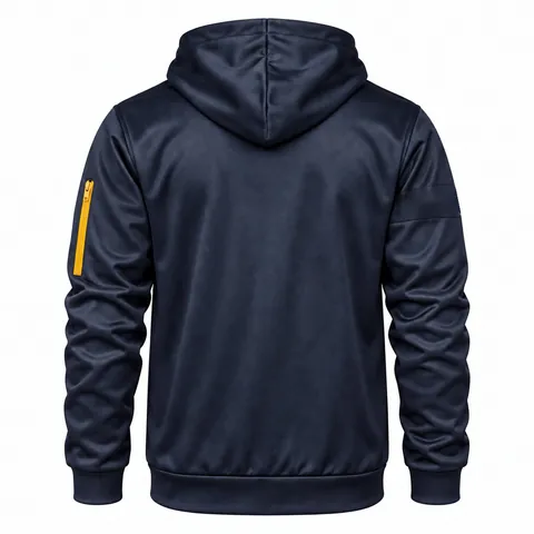 Back of navy hooded track jacket with zipped sleeve pocket