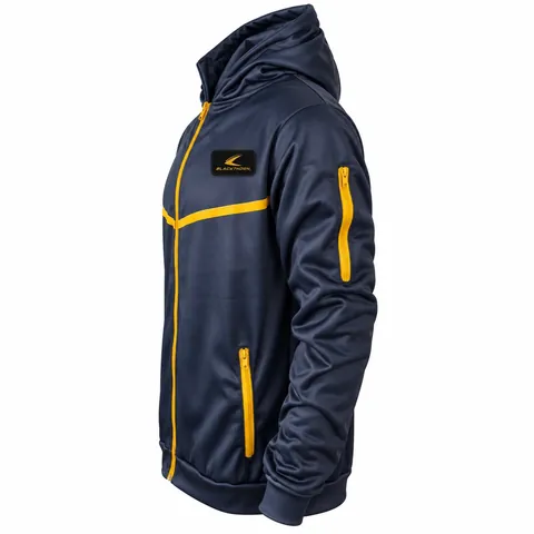 Hooded track jacket side view showing zipped sleeve pocket