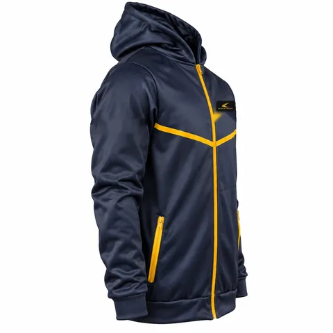Team track jacket side view with gold zipper and side pocket