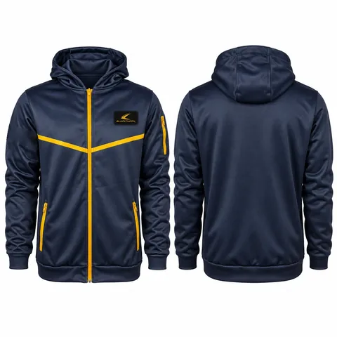 Navy and gold hooded team track jacket — front and back