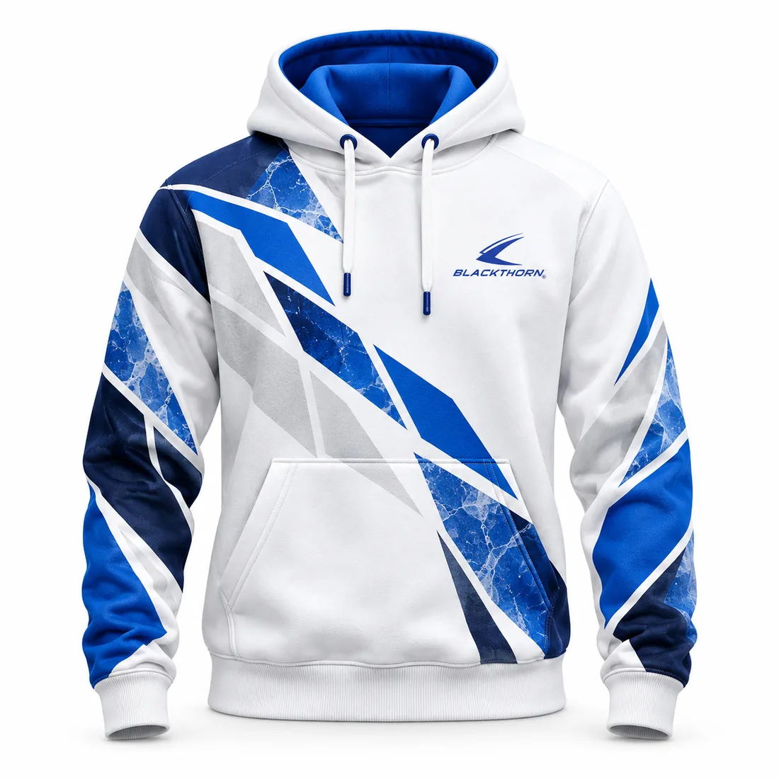White pullover academy hoodie with royal-blue and sky-blue ice-shard graphics and kangaroo pocket