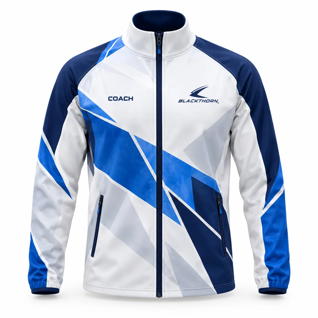 White softshell coach jacket with royal-blue and sky-blue ice-shard graphics and COACH chest print