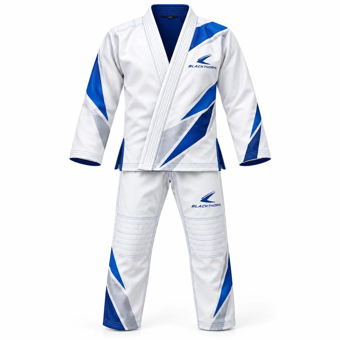 White pearl-weave BJJ gi with royal and sky-blue ice-shard trim, Glacier Shard competition gi, front view