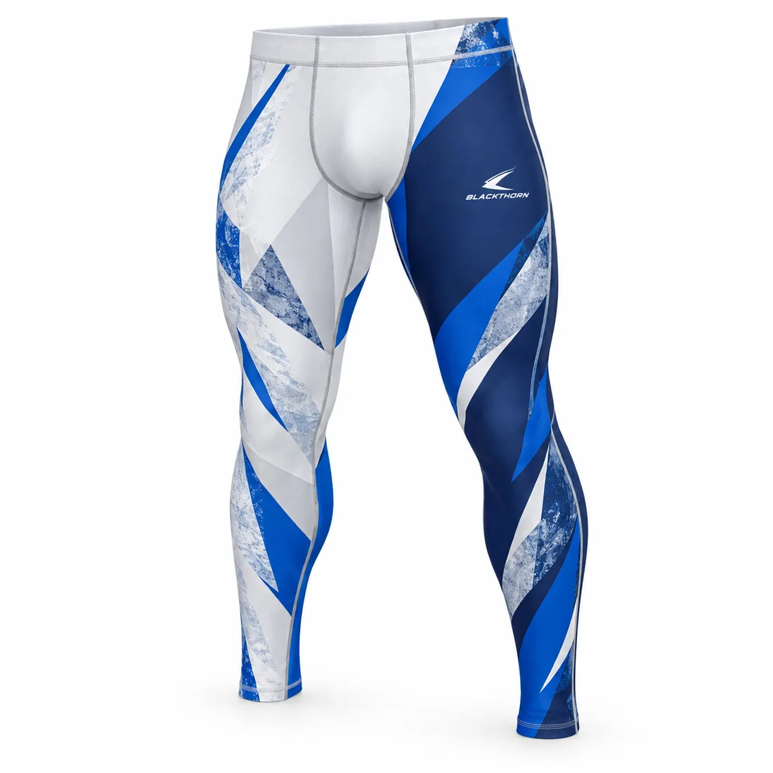 White full-length grappling spats with royal-blue and sky-blue ice-shard graphics, side view