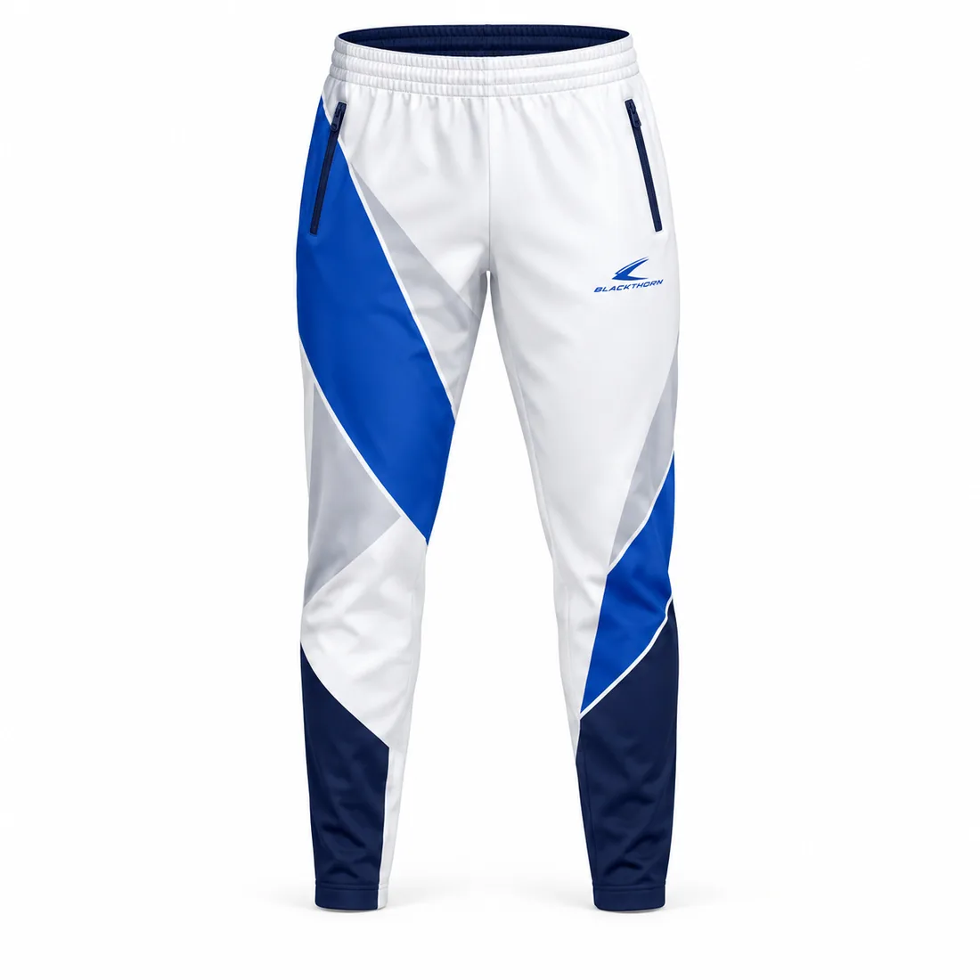 White tapered gym training pants with royal-blue and sky-blue ice shards and zip pockets, front view