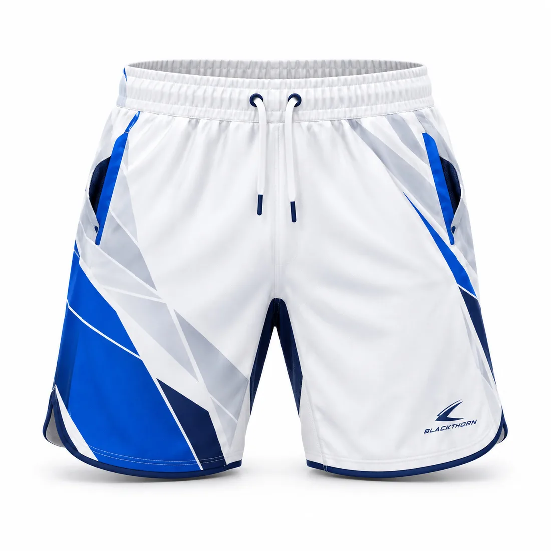 White padel shorts with royal-blue and sky-blue sublimated ice shards and side ball pockets