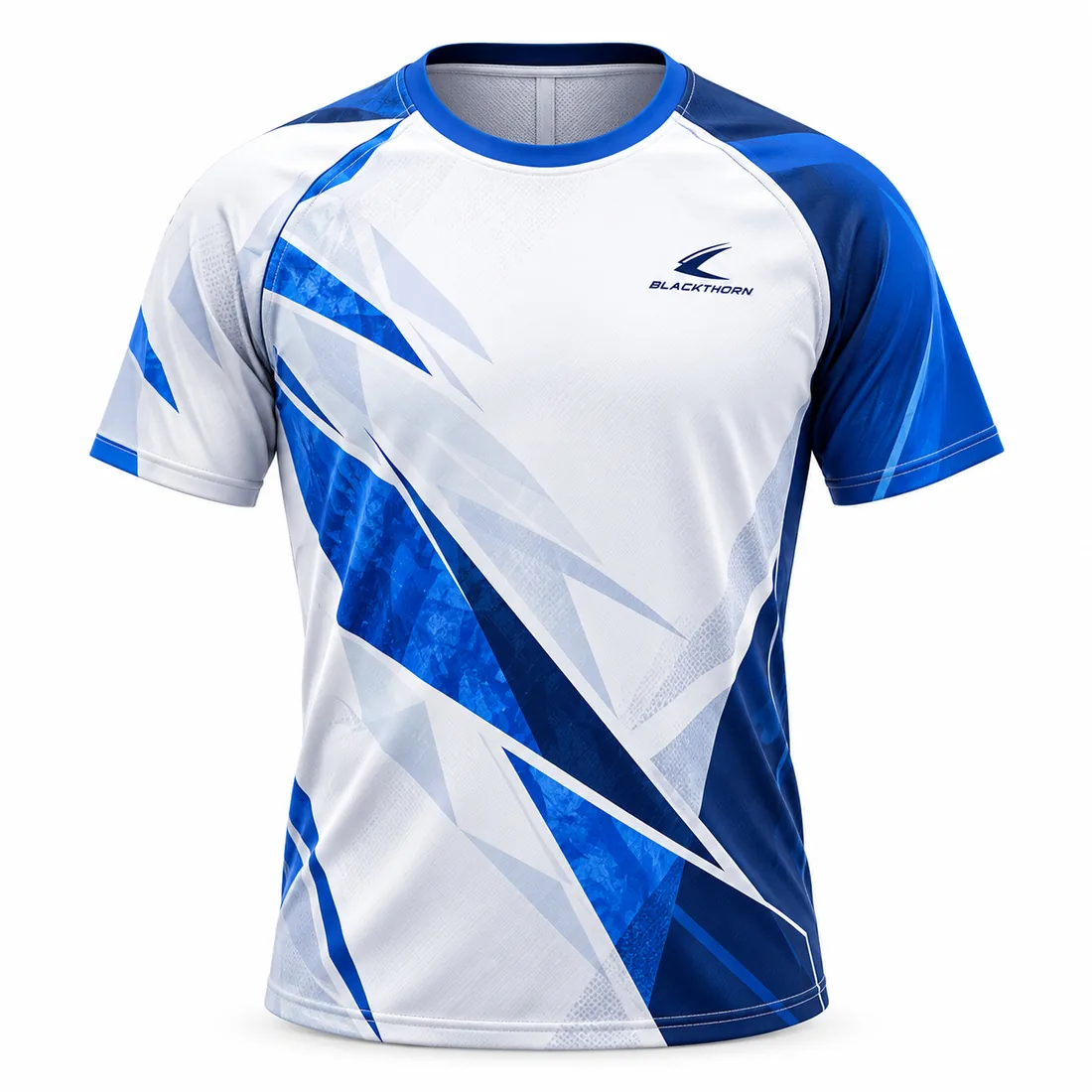 White sublimated crew-neck pickleball jersey with royal-blue and sky-blue ice-shard graphics, front view