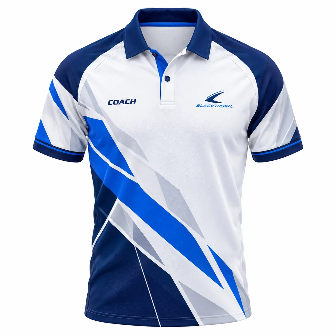 White sublimated coach polo shirt with royal and sky-blue ice-shard graphics and COACH chest print, front view
