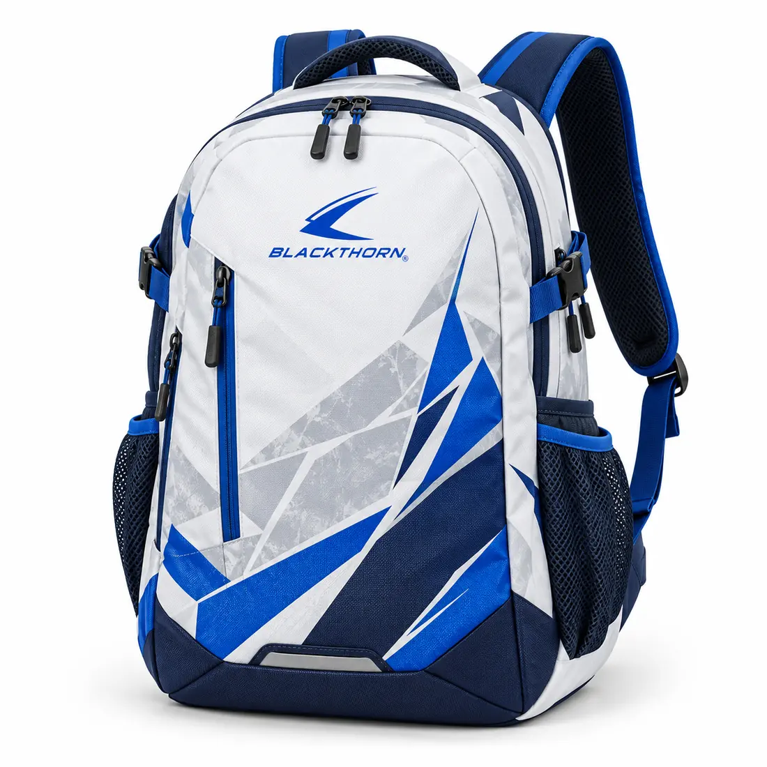 White team store backpack with royal-blue and sky-blue ice-shard graphics and side mesh bottle pockets