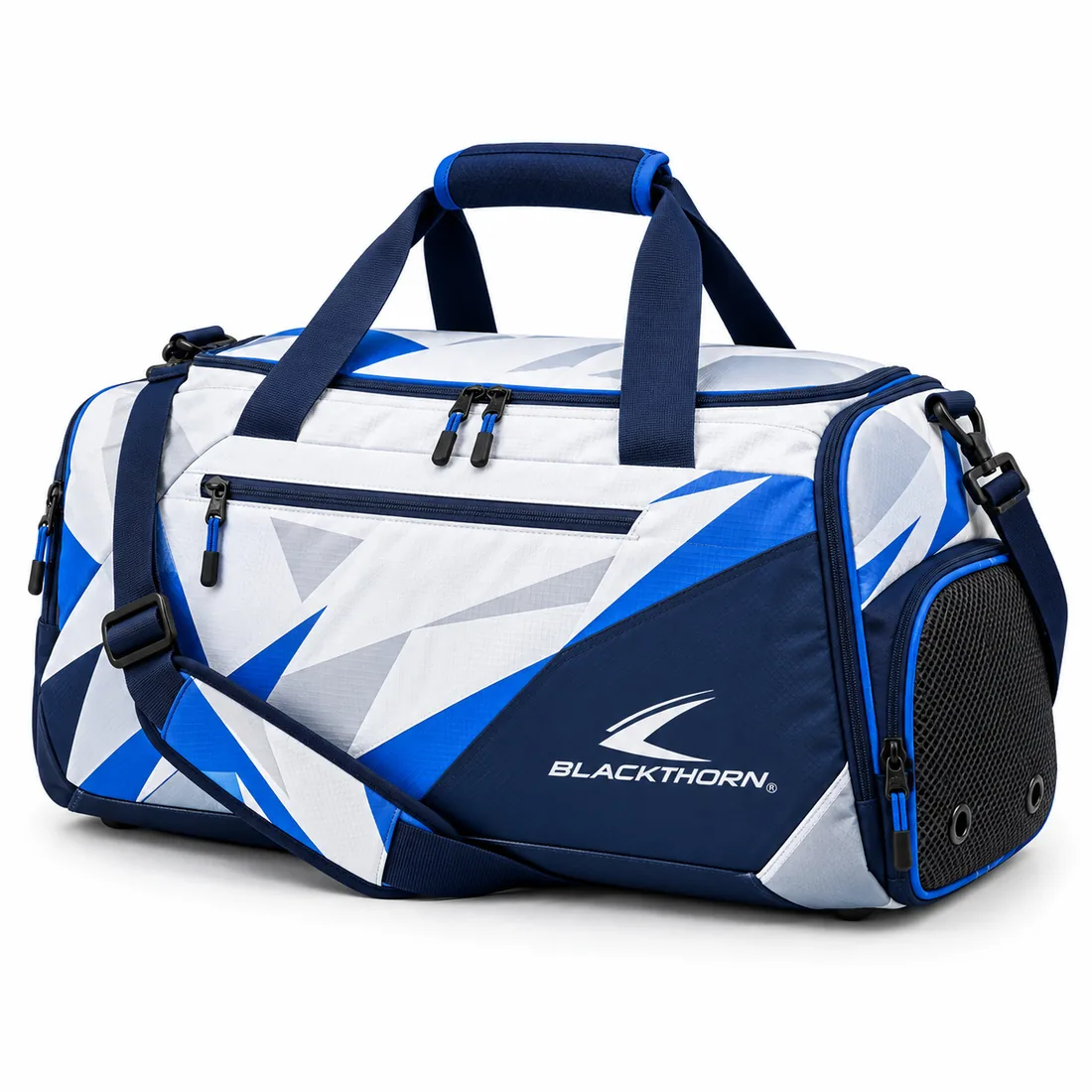 White duffel bag with royal-blue and sky-blue ice-shard print, mesh shoe pocket and strap, tournament team bag