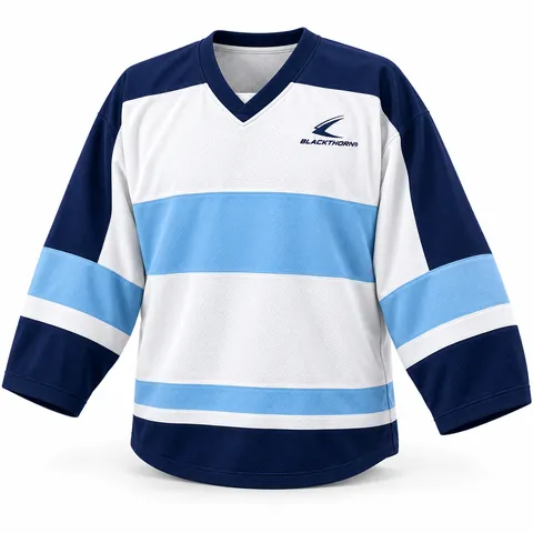 Custom goalie cut hockey jersey, Arctic Blue design in white, light blue and navy — front