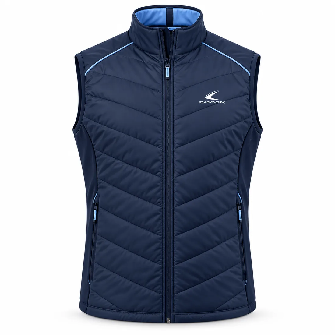 Quilted Hybrid Golf Gilet in navy and ice blue — custom golf wear by Blackthorn World