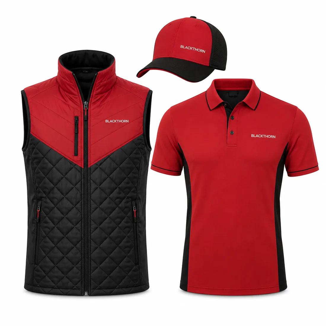 Golf Society Bundle Pack — Polo, Gilet & Cap in red and black — custom golf wear by Blackthorn World