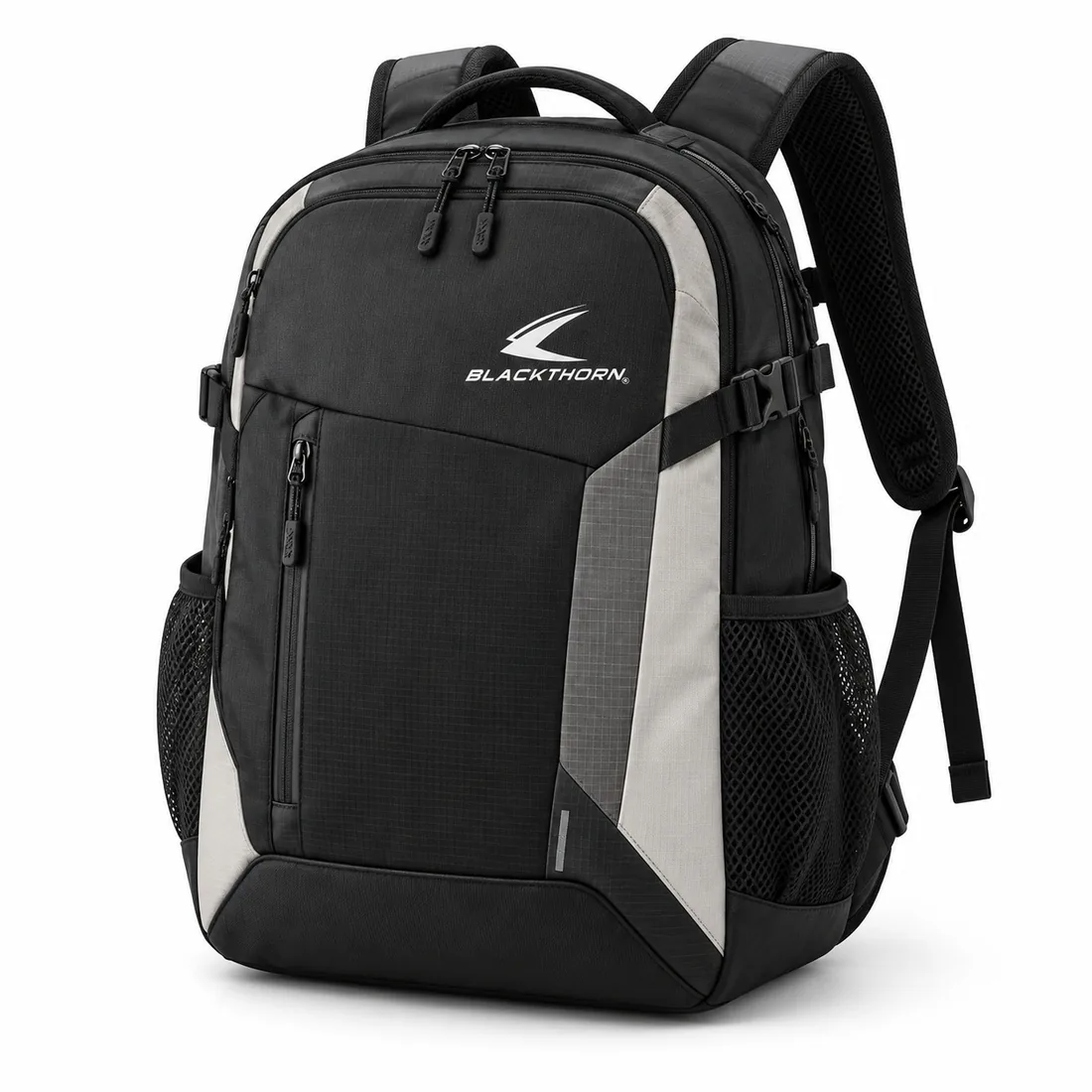Black, grey and off-white colour-block team backpack with side mesh bottle pockets, front view