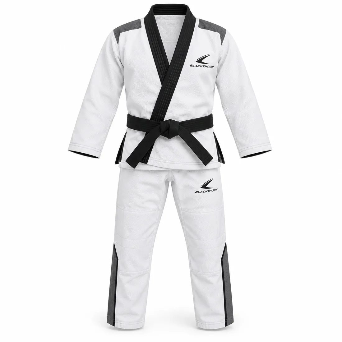 Black BJJ gi with grey and off-white colour-block panels, Graphite Block gi, front view