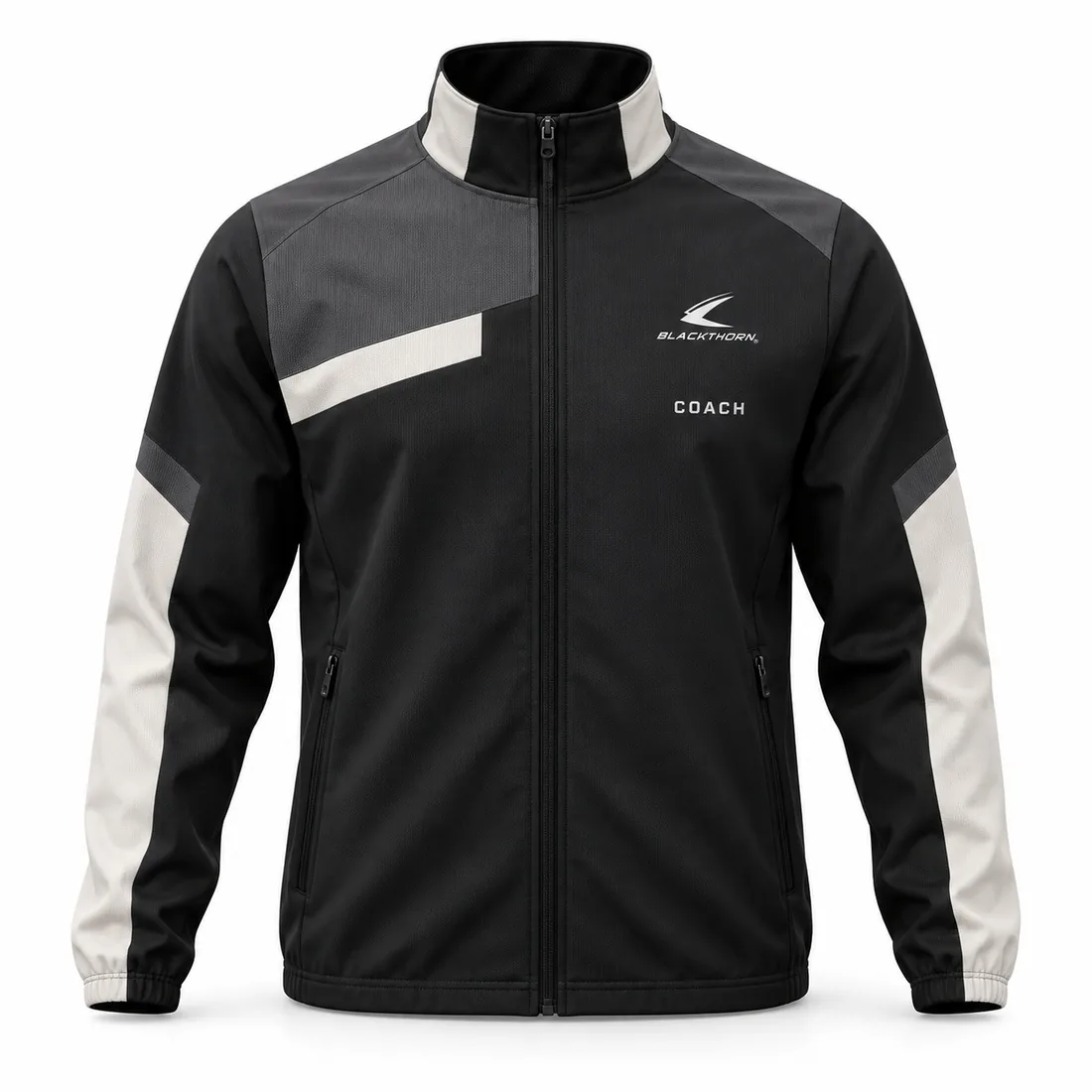 Black softshell coach jacket with grey and off-white colour-block panels and COACH chest print