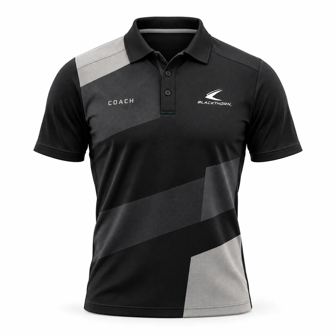 Black coach polo with grey and off-white colour-block panels and COACH chest print, front view