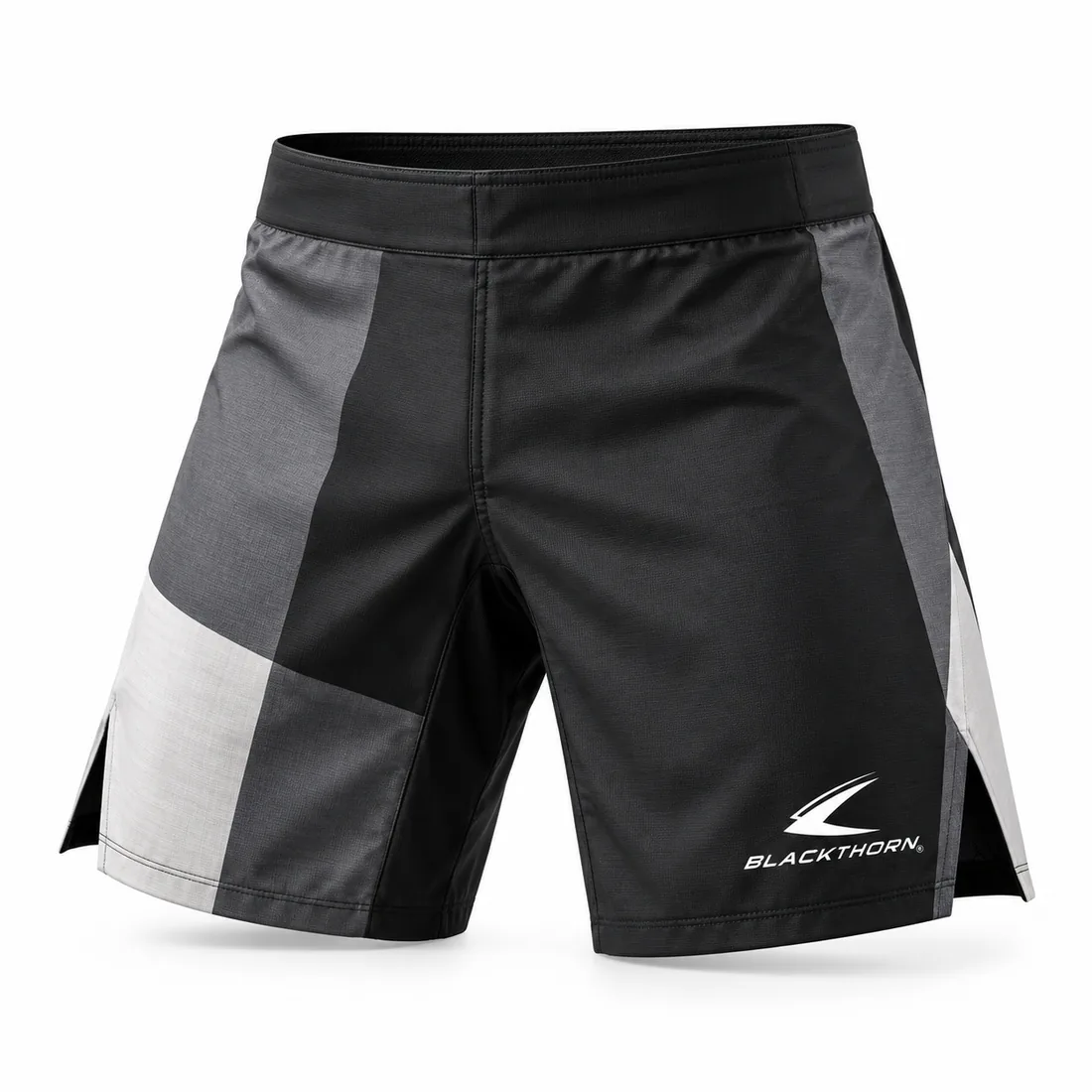 Black MMA fight shorts with grey and off-white colour-block panels along side splits