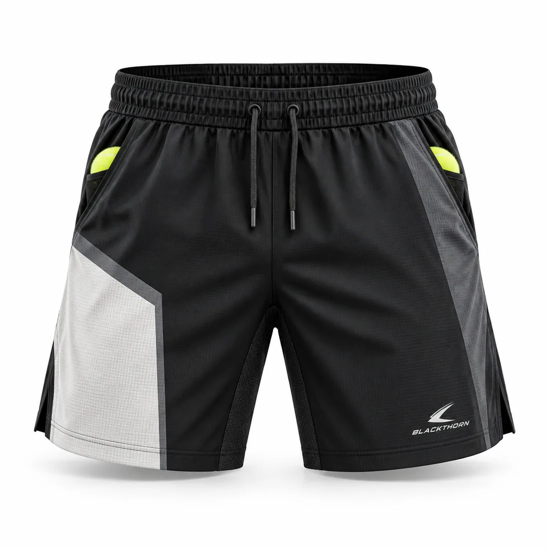 Black padel shorts with grey and off-white colour-block panels down the leg and ball pockets