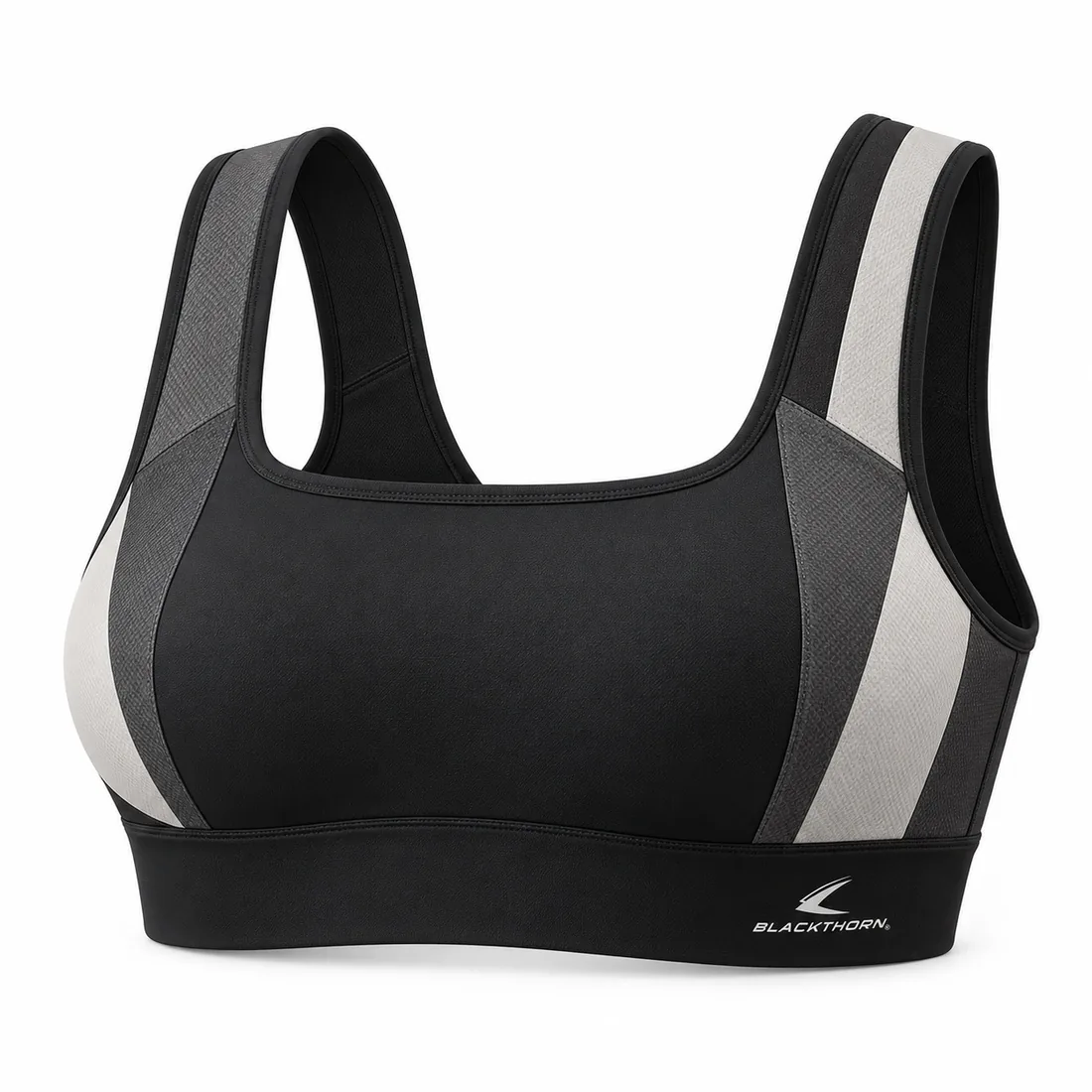Black sports bra with grey and off-white colour-block panels, minimal sublimated design, front view