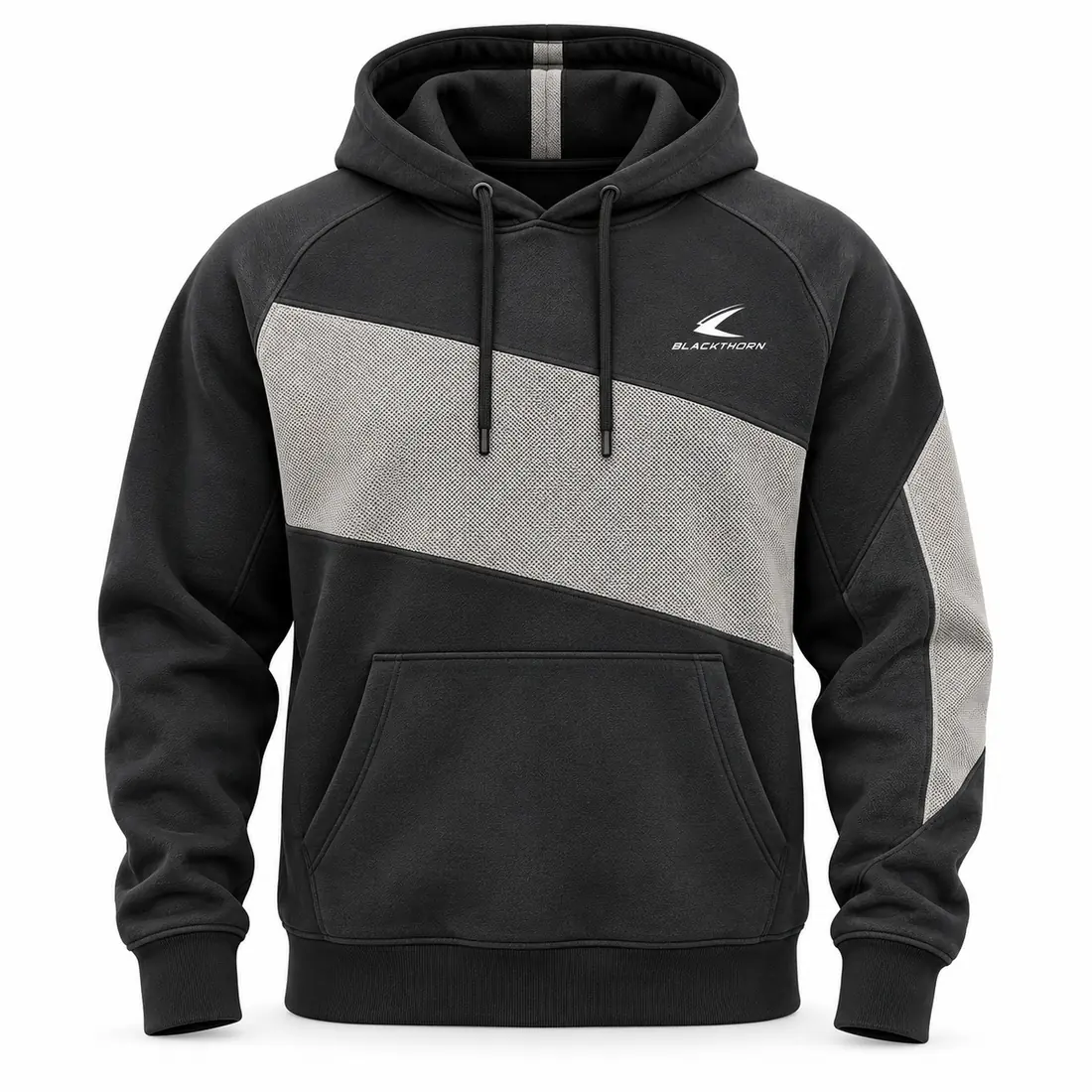 Black pullover gym hoodie with grey and off-white colour-block panels and kangaroo pocket