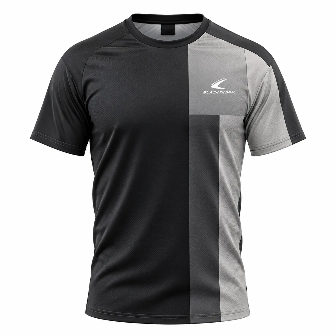 Black pickleball jersey with grey and off-white colour-block panels, crew neck, front view