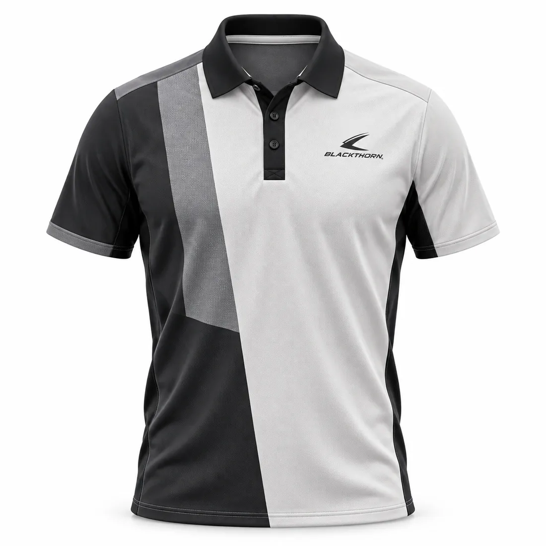 Black padel polo shirt with grey and off-white sublimated colour-block panels, front view
