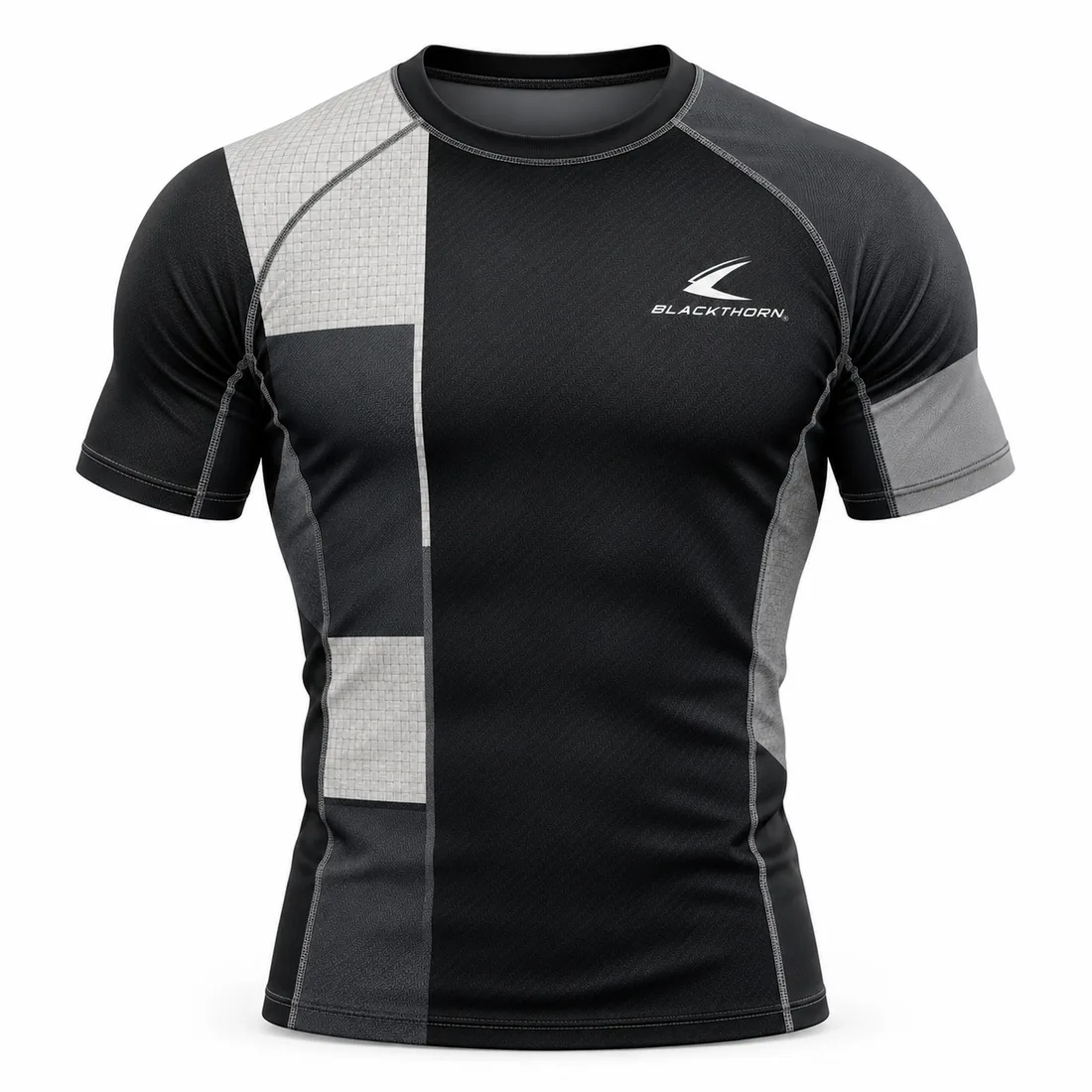 Black short-sleeve rash guard with grey and off-white colour-block panels for gym merch, front view