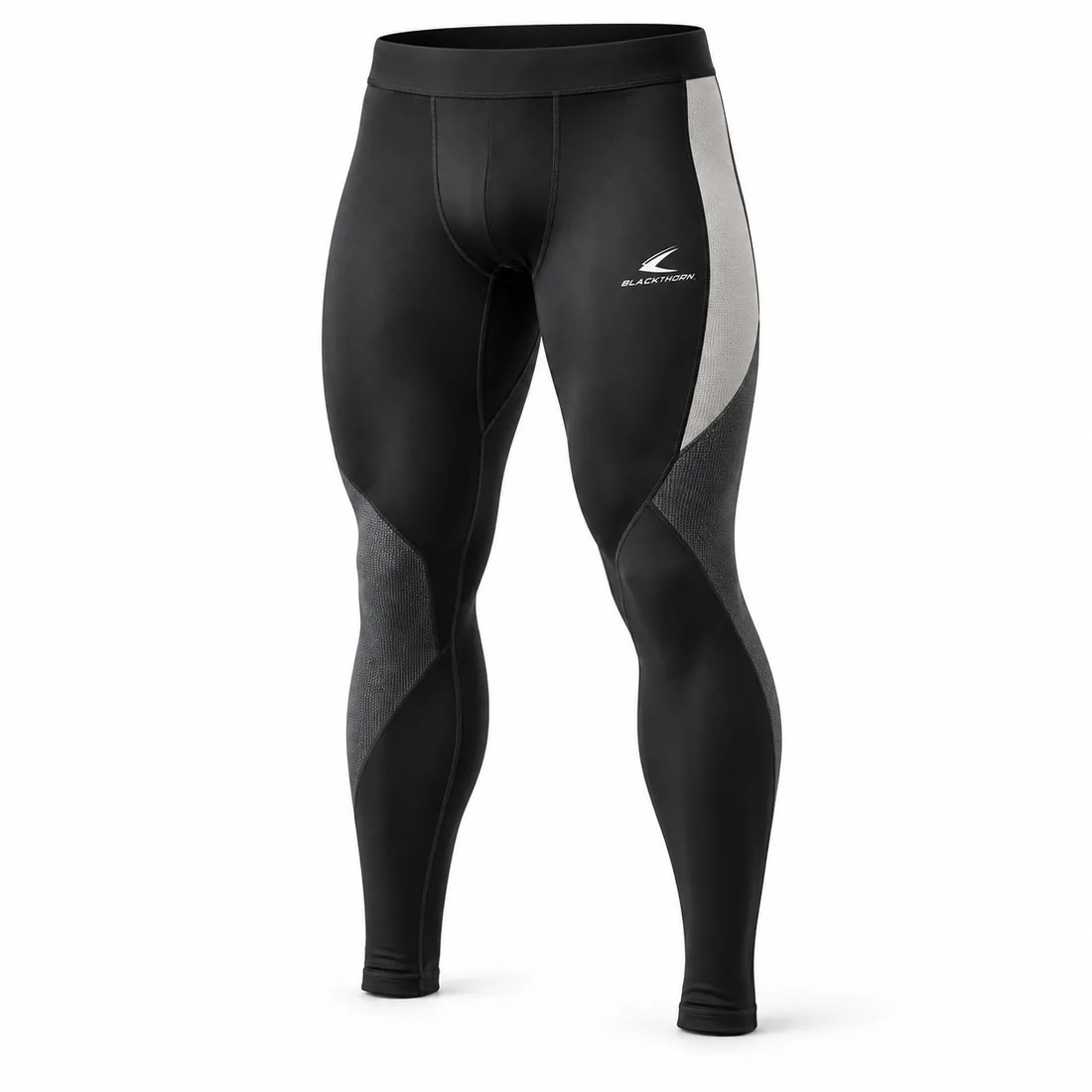 Black full-length compression spats with grey and off-white colour-block panels for gym merch, side view