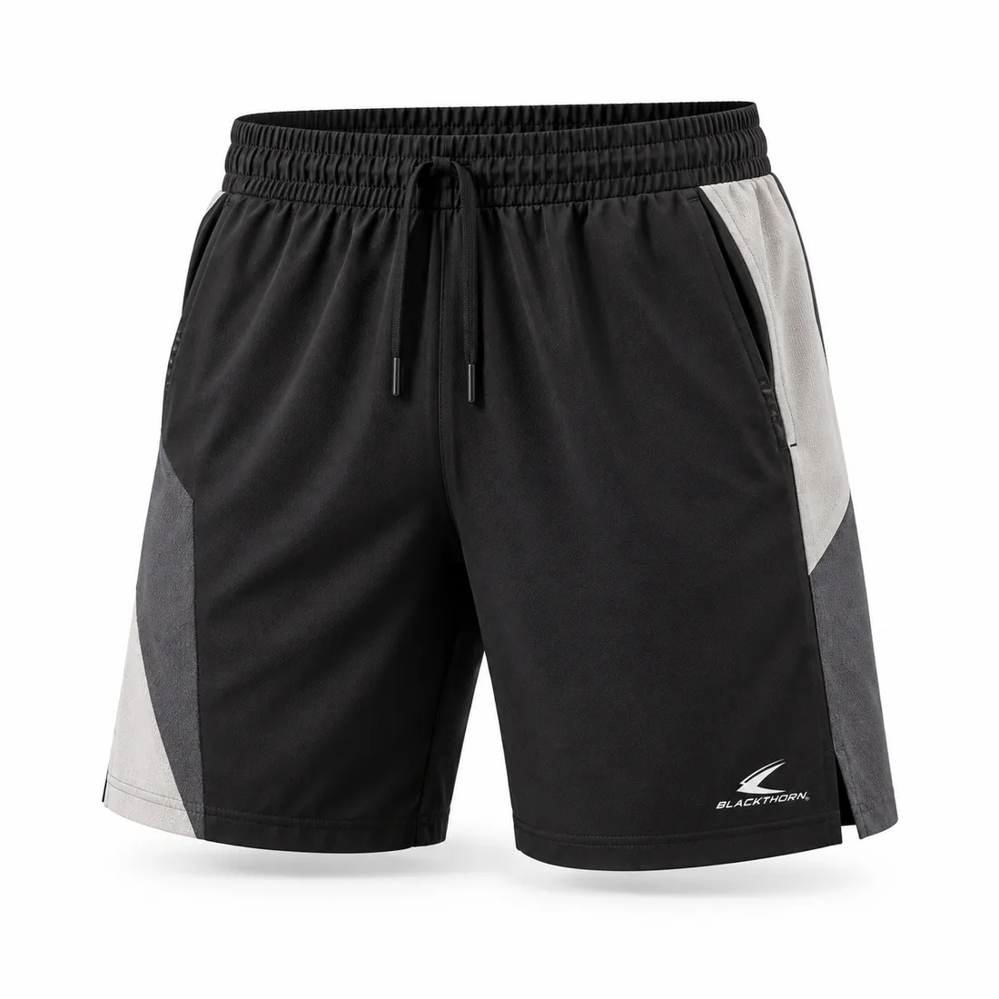 Black youth pickleball shorts with grey and off-white colour-block panels and deep ball pocket