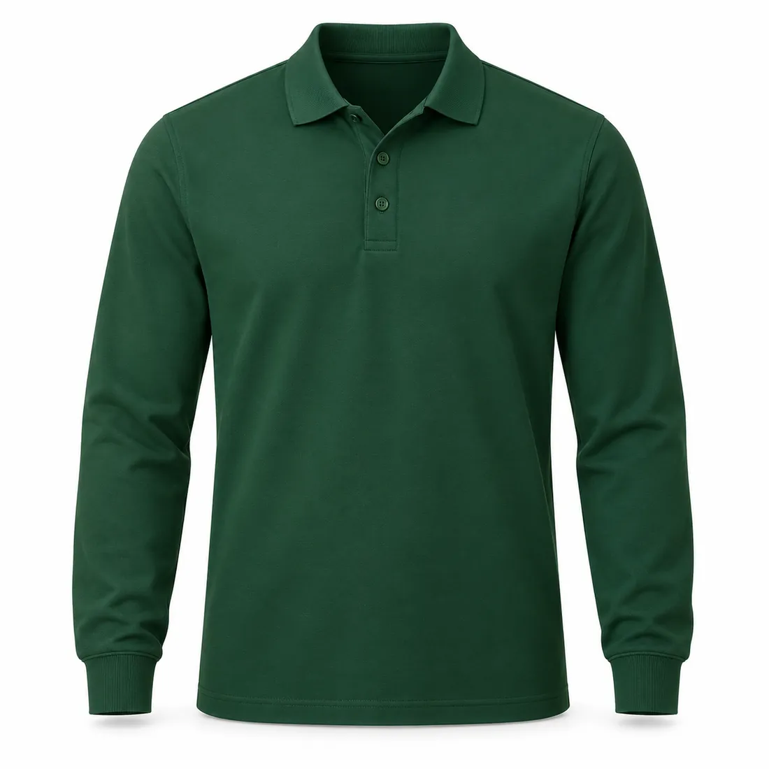 Bottle green long-sleeve piqué polo shirt with ribbed cuffs, wholesale by Blackthorn World