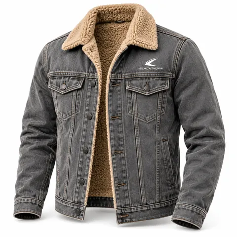 Grey Denim Jacket with Tan Sherpa Collar — Sherpa denim jackets by Blackthorn World