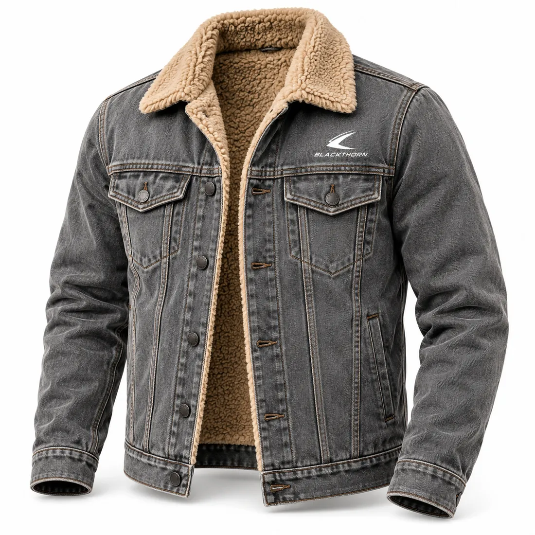 Grey Denim Jacket with Tan Sherpa Collar — sherpa denim jackets by Blackthorn World