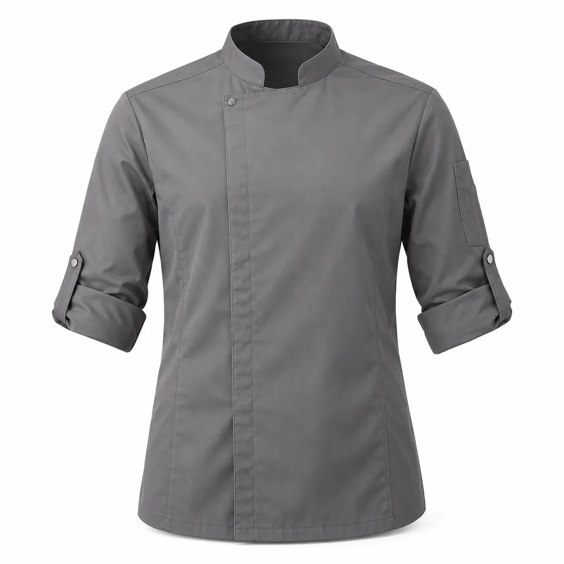 Grey chef jacket with roll-up tab sleeves and charcoal collar, wholesale by Blackthorn World