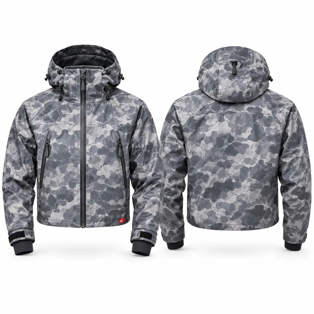 Grey storm cloud camo hooded wader jacket for late-season waterfowl hunting, front view
