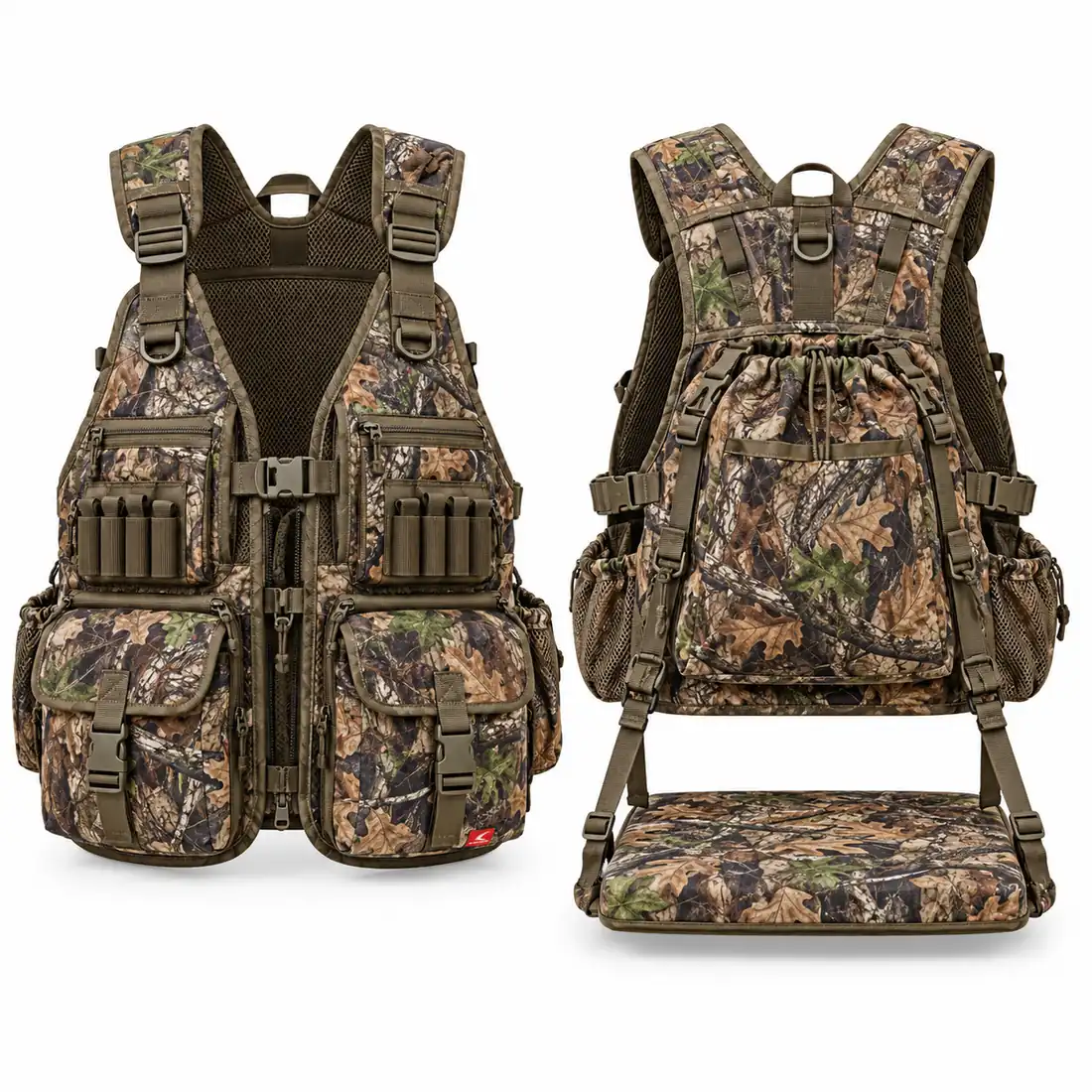 Hardwood camo turkey vest with chest call pockets and fold-down seat cushion, front view