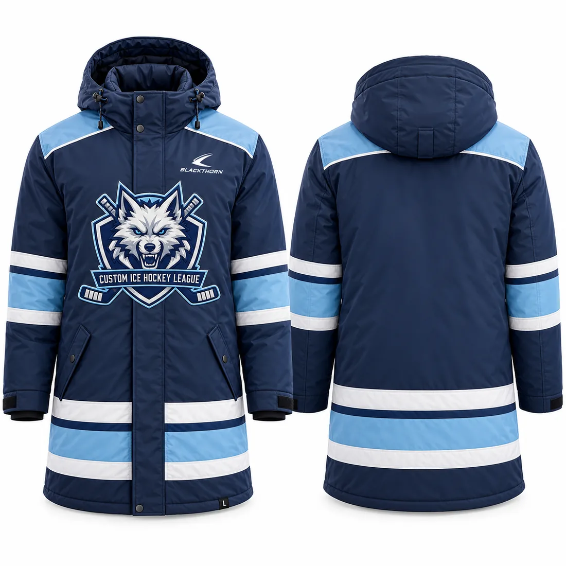 Insulated hockey bench jacket team parka, navy and light blue — front and back
