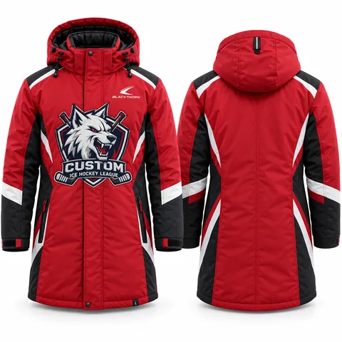 Insulated hockey bench jacket team parka, red and black — front and back