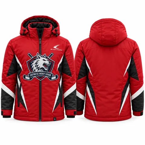 Insulated hockey bench jacket team parka, red and black — front and back