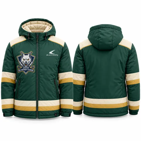Insulated hockey bench jacket team parka, green and cream — front and back