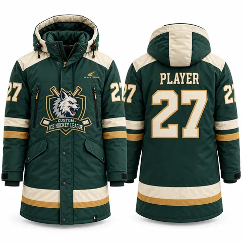 Insulated hockey bench jacket team parka, green and cream — front and back