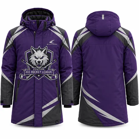 Insulated hockey bench jacket team parka, purple — front and back
