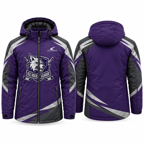 Insulated hockey bench jacket team parka, purple and grey — front and back