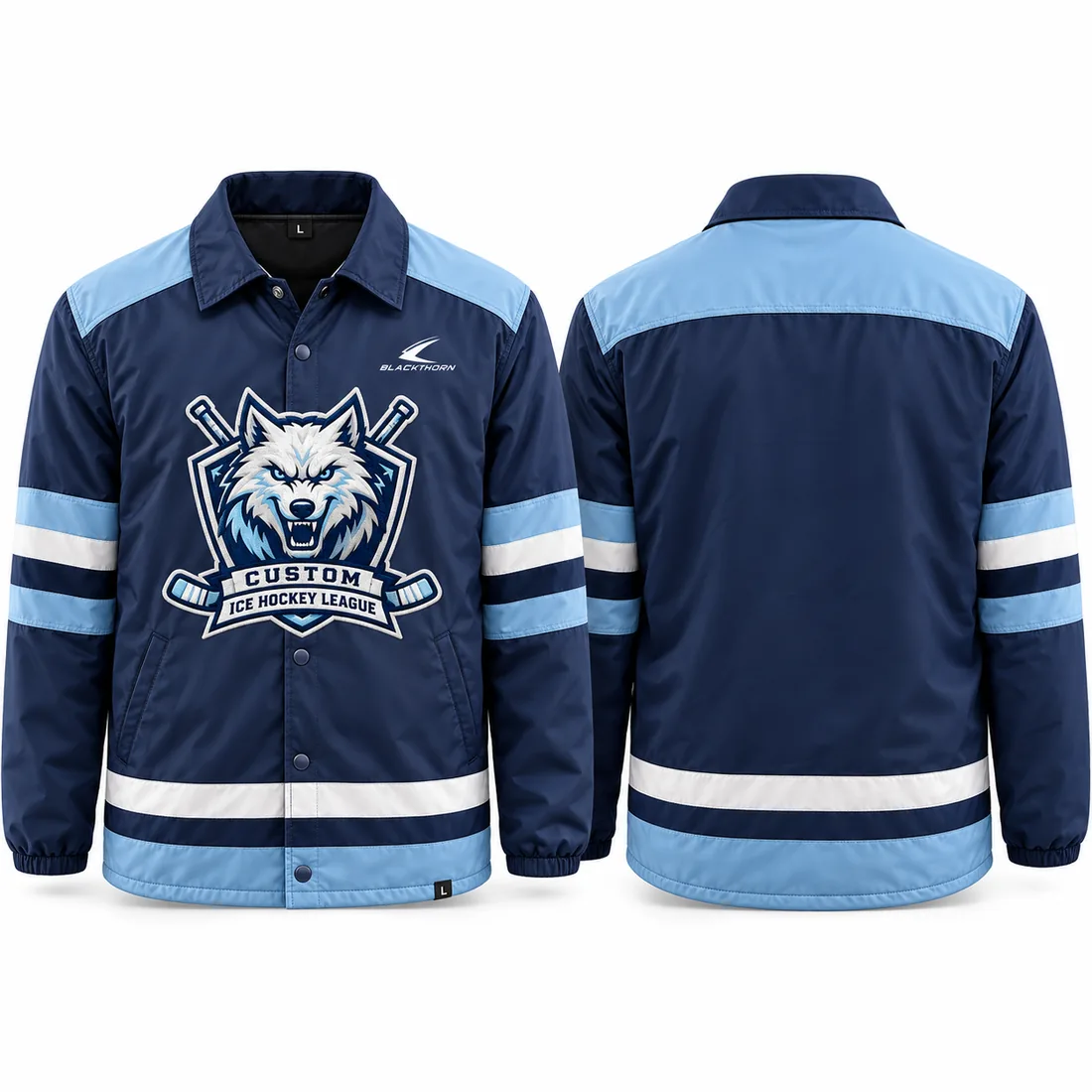 Snap front hockey coaches jacket with team crest, navy and light blue — front and back