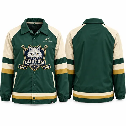 Snap front hockey coaches jacket with team crest, green and cream — front and back