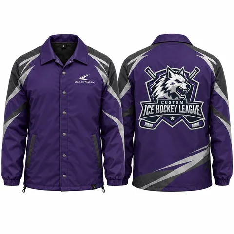 Snap front hockey coaches jacket with team crest, purple and grey — front and back